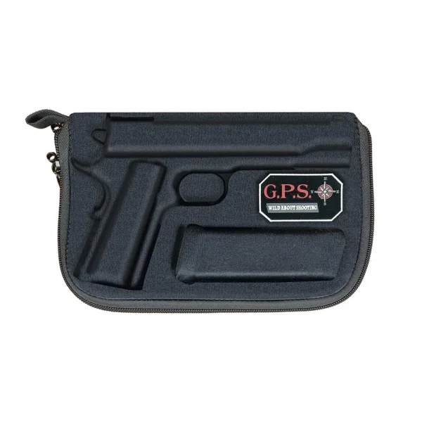 G-Outdoors Compression Molded Pistol Case, black front view with zipper, handle and G.P.S. patch