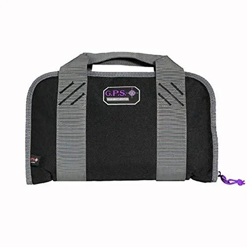 G-Outdoors Double Compact Pistol Case, black and gray front view with handles and purple zipper pulls