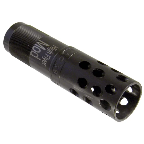 Kick's High Flyer Extra Full Choke Tube, black angled view with threaded end and ported body