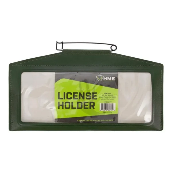 Gsm HME Large License Holder Olive, front view with clear window and metal safety-pin hanger