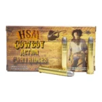 HSM Cowboy Action Hard Cast Rifle Ammunition, western-style box with three cartridges in front