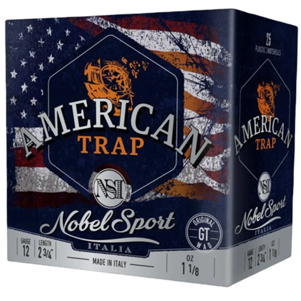 primary-44117 Eurosports LLC Noble Sport Target Trap Shotshells, front and side view of American flag-themed box