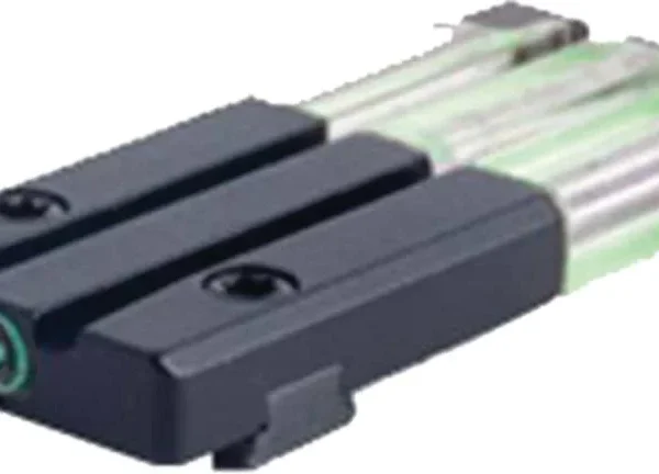 Meprolight Fiber-Tritium Bullseye Green Rear Sight, angled view with black body and green rods