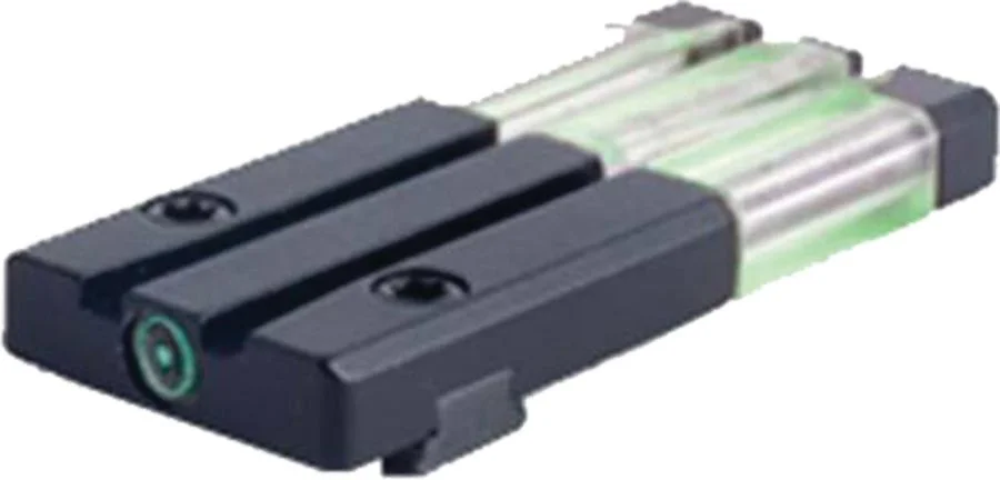 primary-44192 Meprolight Fiber-Tritium Bullseye Green Rear Sight, angled view with black body and green rods