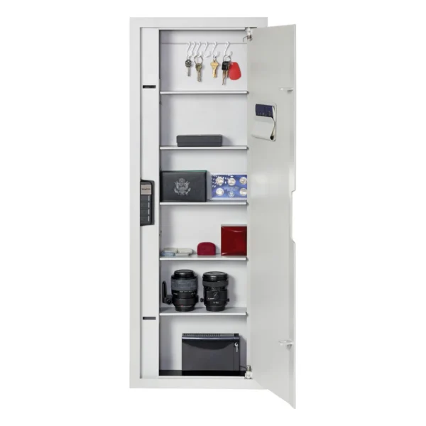 SnapSafe In-Wall Safes Tall, white safe shown open with shelves and stored items