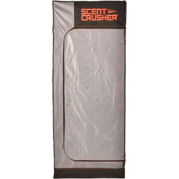 Scent Crusher Locker Lite grey fabric locker, front view with black and orange logo panel