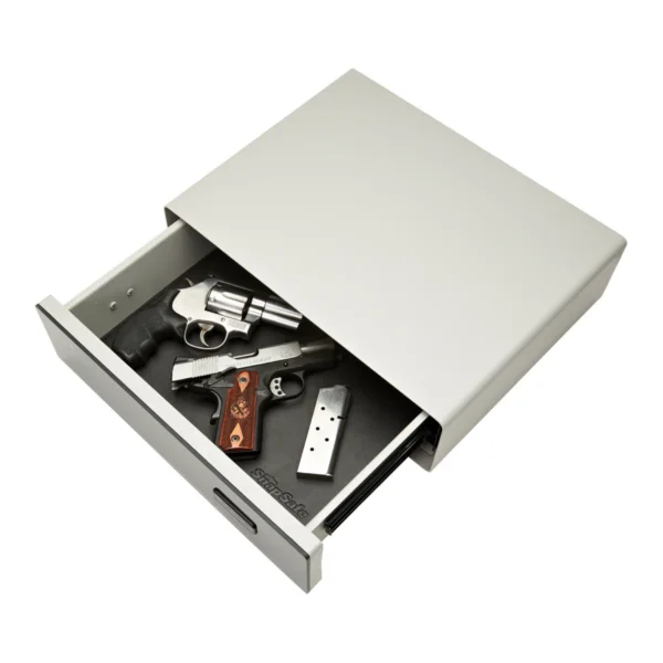 SnapSafe GlideVault Electronic Safe, gray drawer partially open with handgun and magazines visible