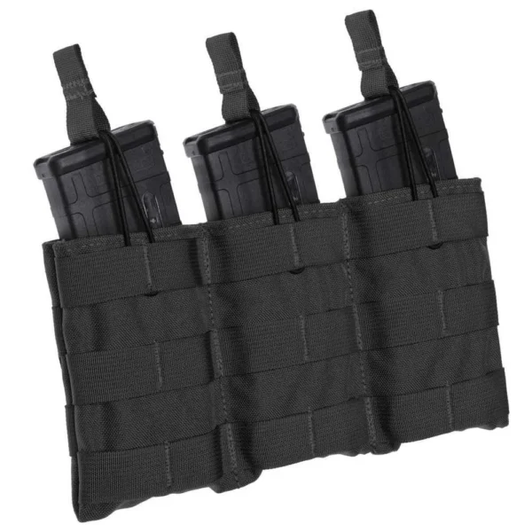 Military Products TacShield Triple Speed Load black MOLLE pouch, front view with three compartments
