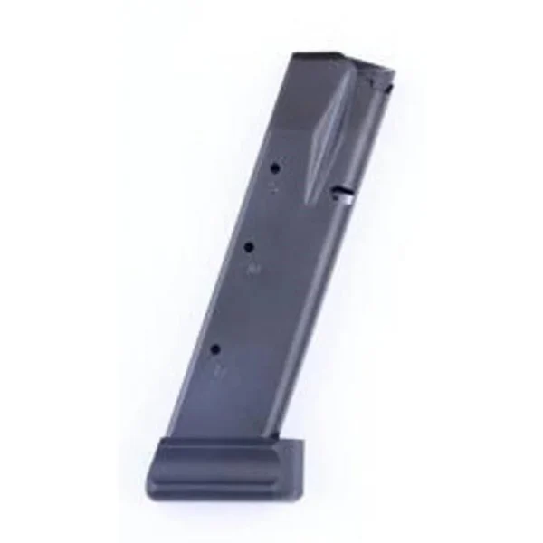 B&T Handgun Magazine for USW, angled side view of dark metal magazine with extended base