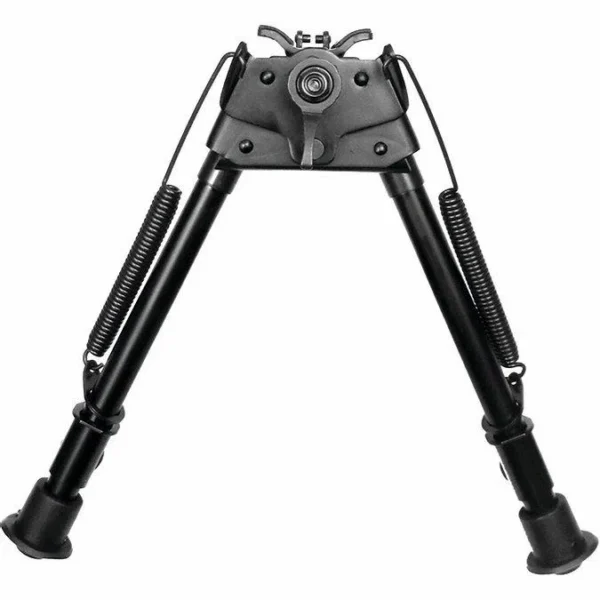 Military Products TacShield Heavy Duty Bi-pod, matte black front view with extended legs and springs