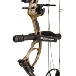 Diamond Archery Edge XT, camouflage left-side close view with sight, stabilizer and cables