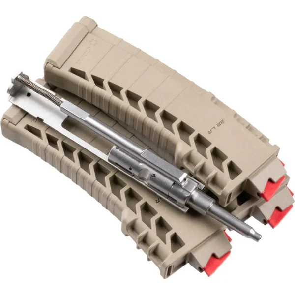 CMMG AR Conversion Kit Bravo, silver conversion assembly with three FDE magazines
