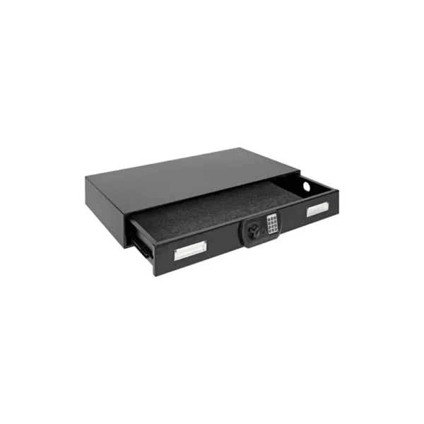 SnapSafe Under the Bed Safe Large, black safe in angled front view with open drawer and keypad