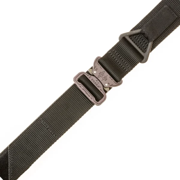 Military Products TacShield Tactical Riggers Belt black, angled close-up with metal buckle and webbing