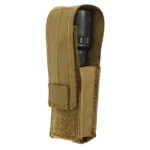 Military Products TacShield RZR pouch, coyote brown front view with flap and black item inside