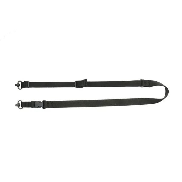Military Products TacShield 2-Point Quick Adjust Sling, black laid flat with QD attachments
