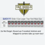 Military Products TacShield Cobra Riggers Belt, black belt shown with waist sizing chart