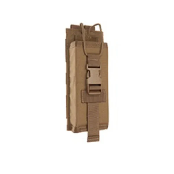 Military Products TacShield MBITR radio MOLLE pouch, coyote tan front view with buckle and straps