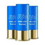 Rio Game Load Blue Steel Shotshells, three blue shells with brass bases in front view