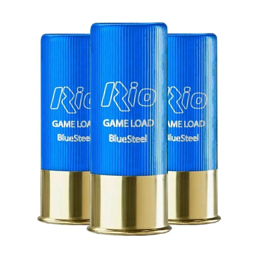 primary-44368 Rio Game Load Blue Steel Shotshells, three blue shells with brass bases in front view