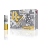 Rio Royal Buck Low Recoil, gray box and white shotshell with brass base, front view
