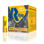 Rio Field Shotshells yellow shell beside yellow and grey box in three-quarter view