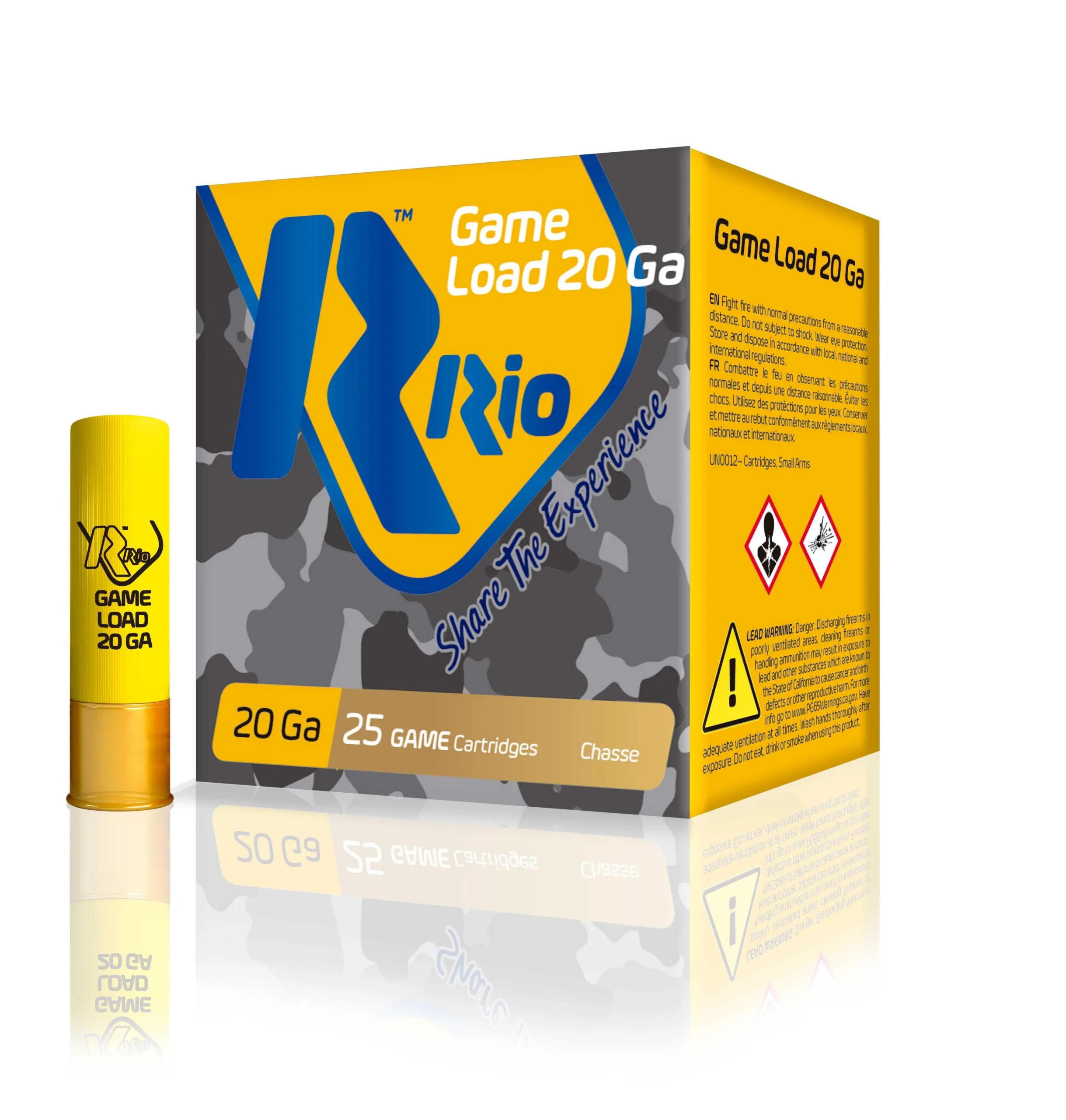 primary-44389 Rio Field Shotshells yellow shell beside yellow and grey box in three-quarter view