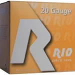 Rio Field Shotshells orange and brown 20 Gauge ammunition box, front angled view
