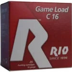 Rio Heavy Field 16 ga, red Game Load C16 ammunition box, angled front view