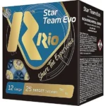 Rio Star Team EVO 28 Low Recoil Shotshells, blue and black box shown from front and right side