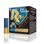 Rio Star Team Evo shotshell box and blue-and-gold shell, front three-quarter view