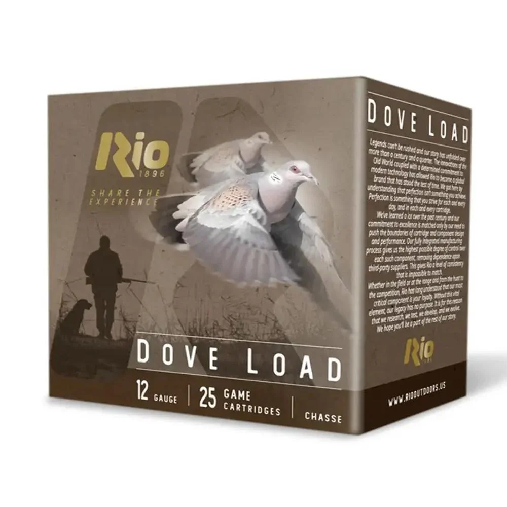 primary-44466 Rio Dove Load shotshells, brown 12 gauge box in front and right-side view with flying dove graphic