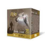 Rio Dove Load Shotshells, brown and yellow box in front-right view with dove graphic