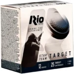 Rio Star Team Target Low Recoil Shotshells, white and teal box in front-left view with target graphic