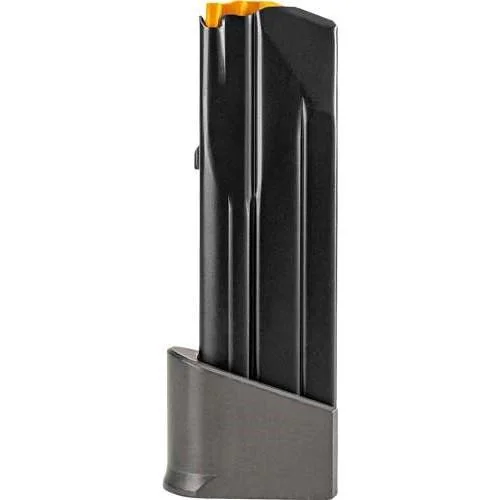 FN USA FN 506 CC Edge grey handgun magazine, front view with black body and orange follower
