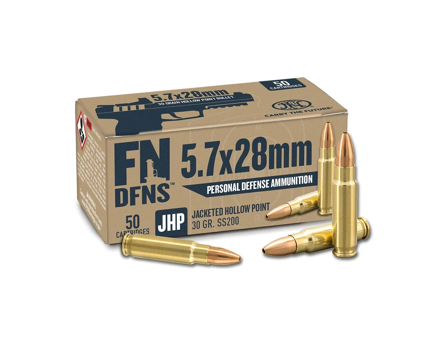 primary-44525 FN USA FN DFNS SS200 Personal Defense Handgun Ammunition, tan box with loose brass cartridges
