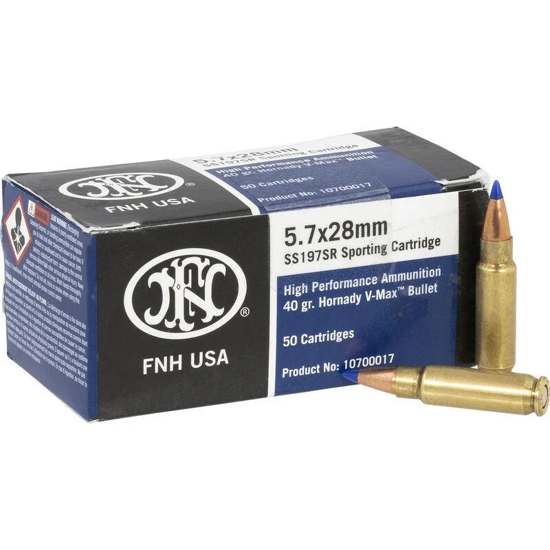 primary-44528 FN USA FN Handgun Ammunition, blue and white retail box with three brass cartridges beside it