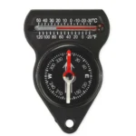 NDUR Mini Compass with Thermometer, front view with black housing, red needle and scales