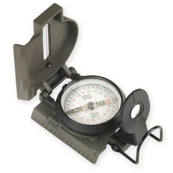 NDUR Lensatic Compass with Metal Case, open olive case with round dial, sights and ruler