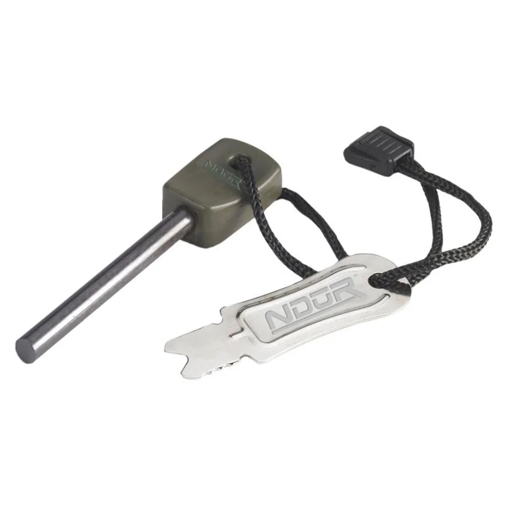primary-44534 NDUR Small Fire Steel & Striker, gray ferro rod and metal striker joined by black cord