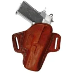 Tagua Gunleather Open Top Belt Holster, brown front view holding handgun with dual belt slots