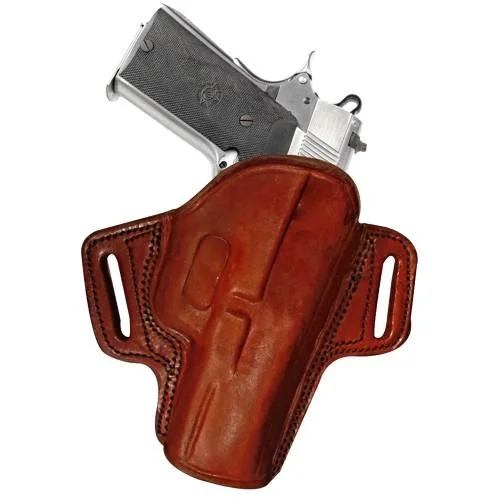 Tagua Gunleather Open Top Belt Holster, brown front view holding handgun with dual belt slots