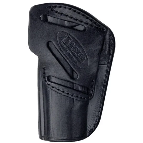 Tagua 4 in 1 IWB Holster, front view of black leather holster with stitched edges