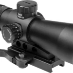 NcStar Mark III Tactical Gen II black rifle scope, angled side view with mount and adjustment turrets