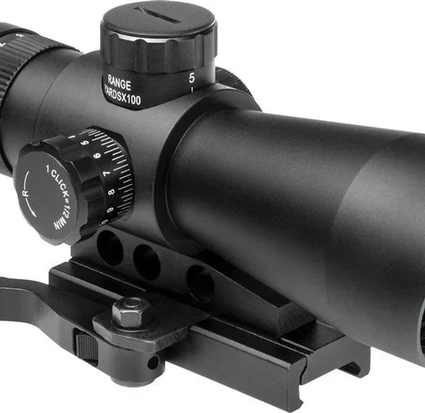 NcStar Mark III Tactical Gen II black rifle scope, angled side view with mount and adjustment turrets