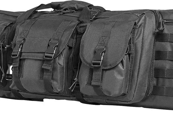 VISM by NcSTAR Double Carbine Case, urban gray front view with handles, pockets and straps