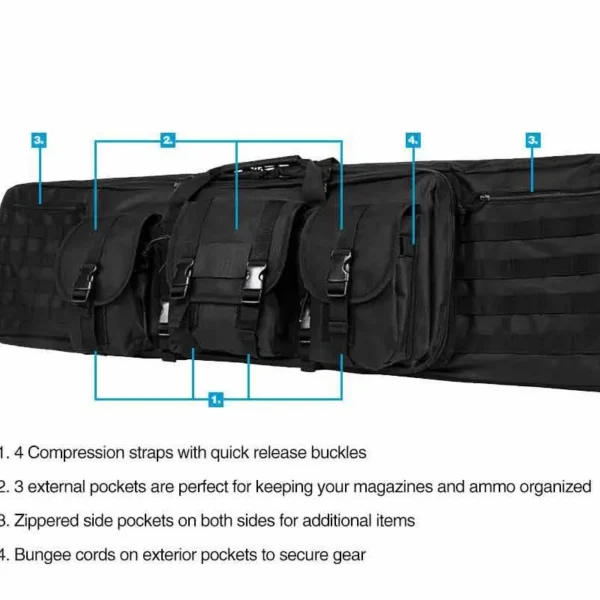 NcSTAR VISM Double Carbine Case, black front view with handles, straps and exterior pockets