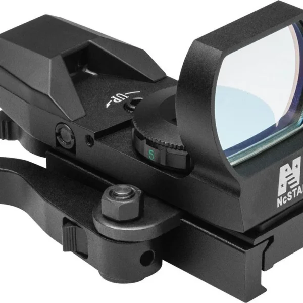 NcStar Red Four Reticle Reflex, black angled view with QR mount and blue-tinted lens