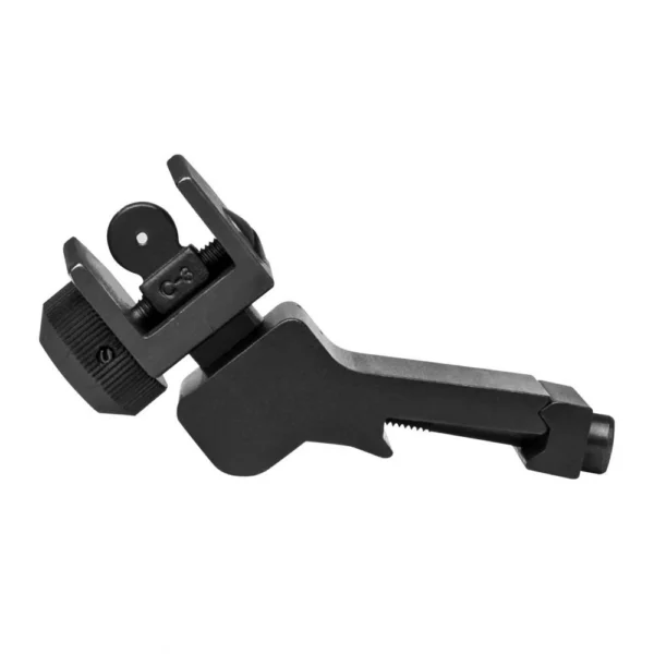 NcStar AR-15 45 Degree Offset Flip-Up Rear Sight, black angled view with sight raised