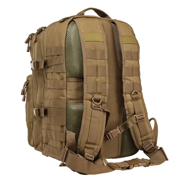 NcStar VISM Assault Backpack, tan rear view with padded shoulder straps and webbing